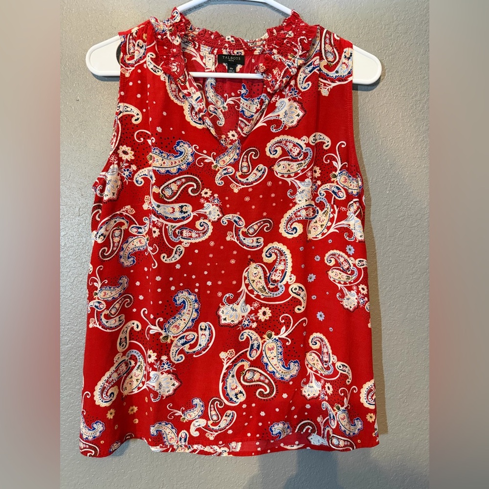 Talbots Red Paisley Ruffle-Neck Sleeveless Top
